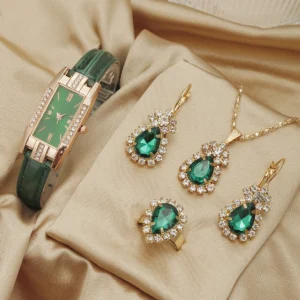 New Popular Fashion Rectangular Casual Women's Leather Strap Quartz Watch Droplet Jewelry 5-piece Set
