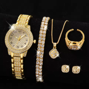 6pcs Women'S Stylish Casual Watch, Quartz Watch, Necklace, Earrings, Bracelet, Ring Jewelry Set,